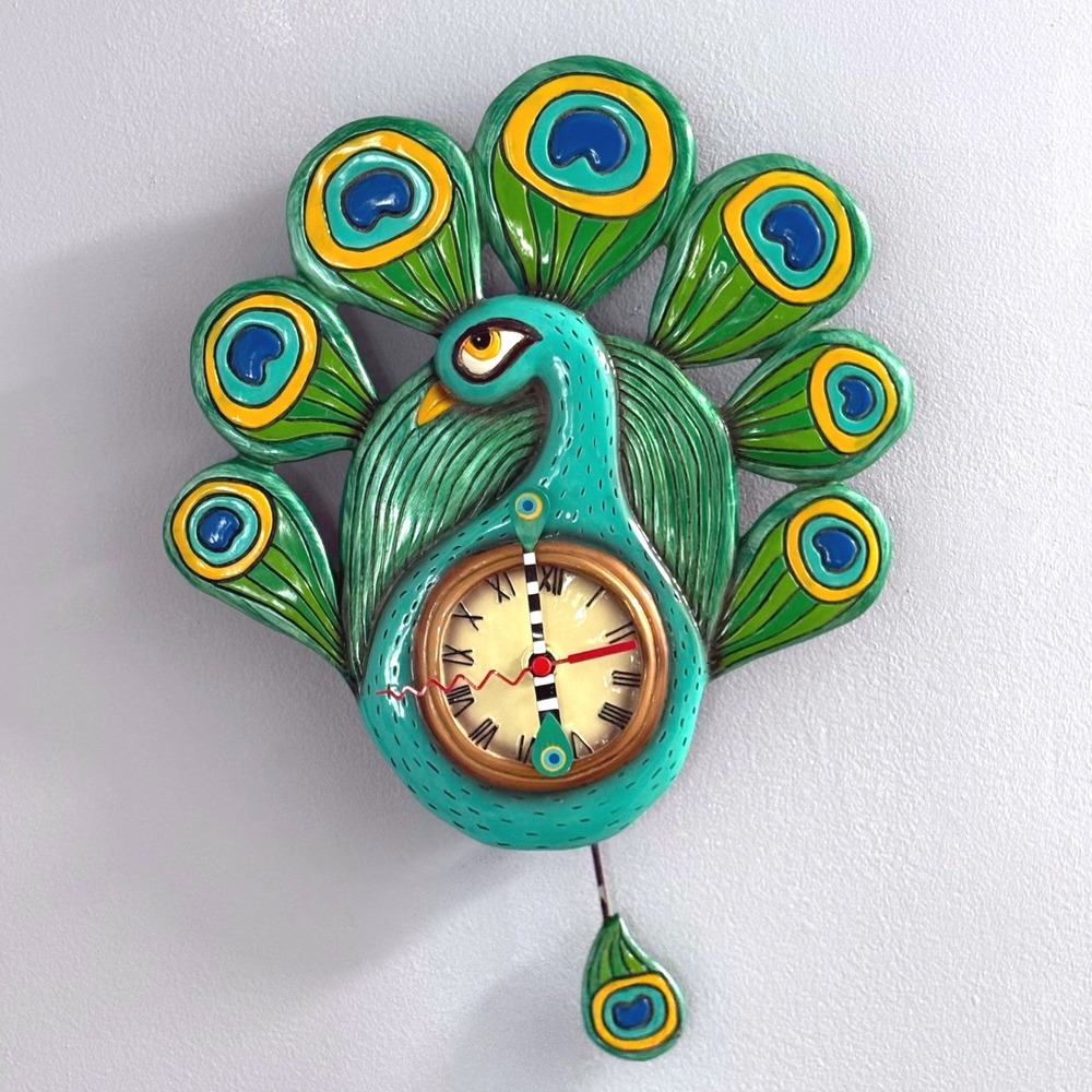 Allen Designs Peacock Pendulum Wall Clock Whimsical Teal‎ Resin Bird Timepiece